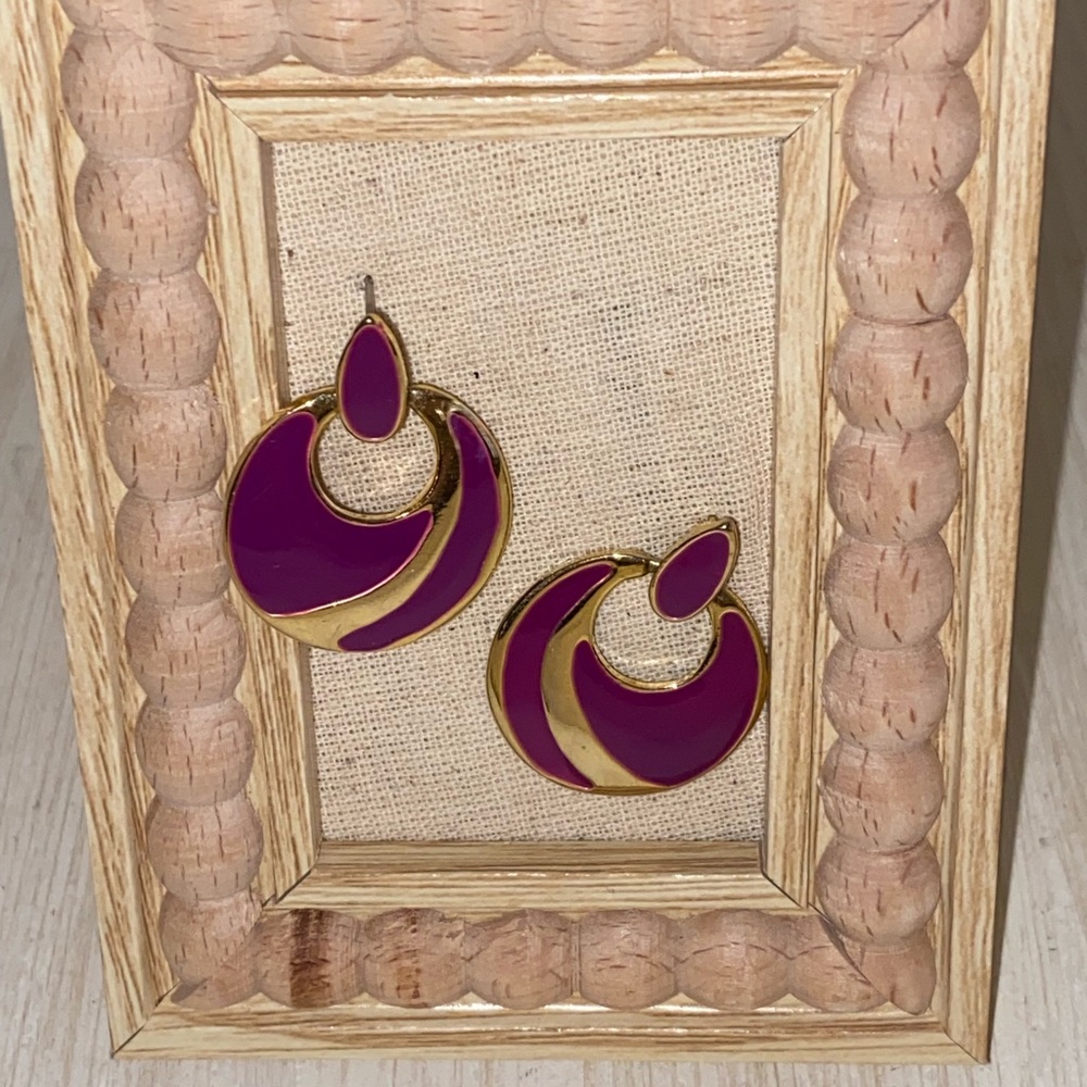 Vintage Purple and Gold Enamel Drop Hoop Earrings